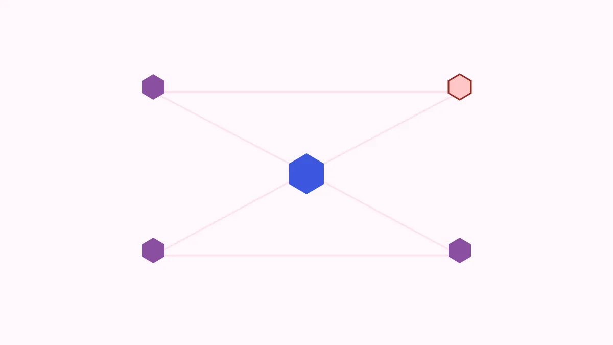 Abstract cluster of four outer hexagon venue markers around a central node, one marker flagged
