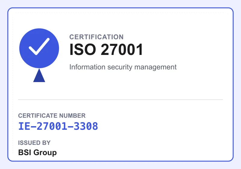ISO 27001 certification seal with certificate number IE-27001-3308 issued by BSI Group
