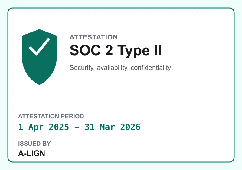 SOC 2 Type II attestation seal covering the period 1 April 2025 to 31 March 2026